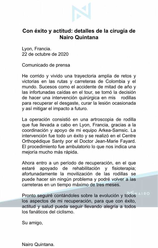 Nairo recuperación comunicados rodillas