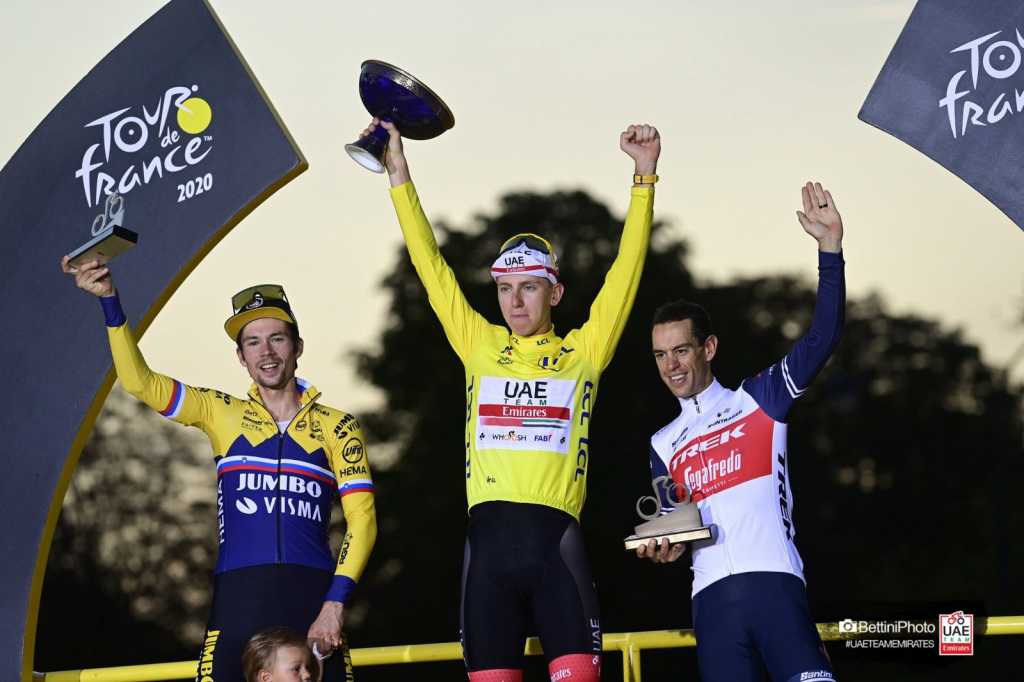 Pogacar Roglic y Porte ne l podio del Tour 2020