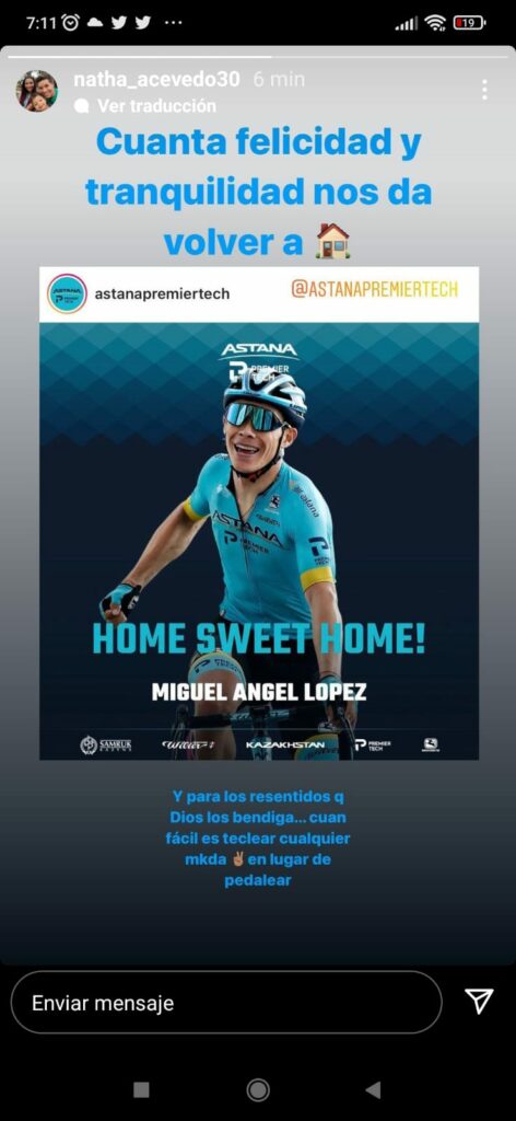 Miguel Ángel López y el mensaje de su esposa tras regresar al Astana