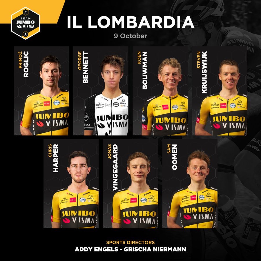 Primoz Roglic y el equipo que le pone el Jumbo Visma para el Giro de Lombardía 2021
