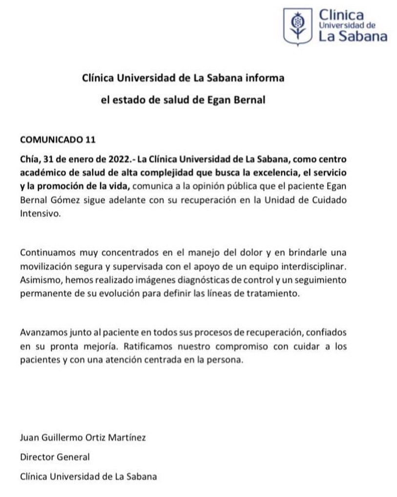 Onceavo comunicado Egan Bernal salud accidente
