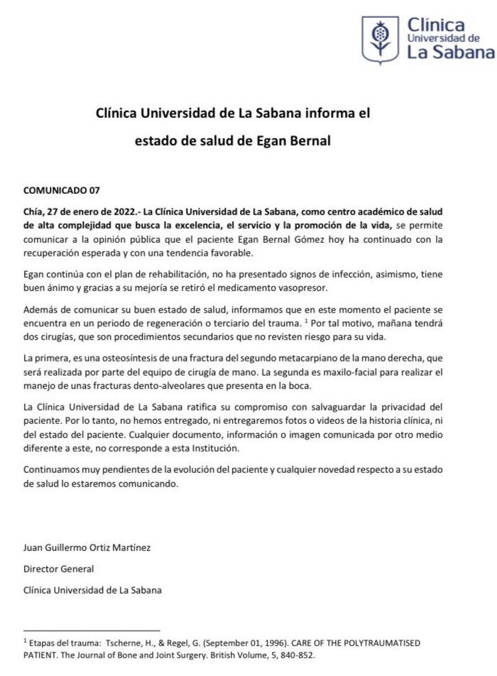 Egan Bernal tendrá 2 cirugías más, según el séptimo comunicado de La Clínica de La Sabana