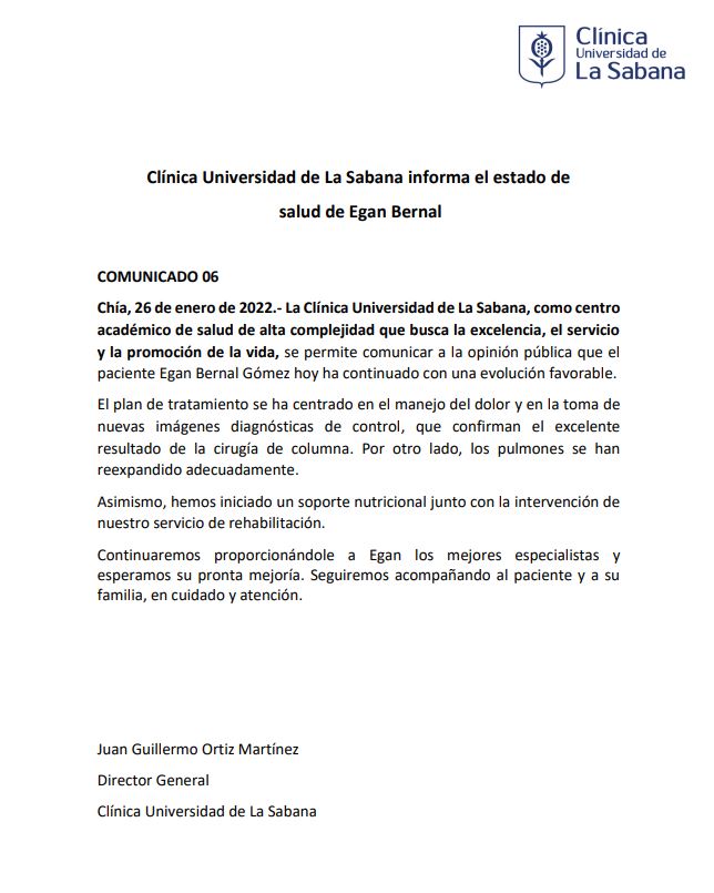 Egan Bernal accidente, La Clínica de La Sabana comparte el sexto comunicado sobre su estado de salud