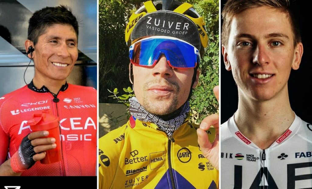 Nairo Quintana Tadej Pogacar y Primoz Roglic sonriendo