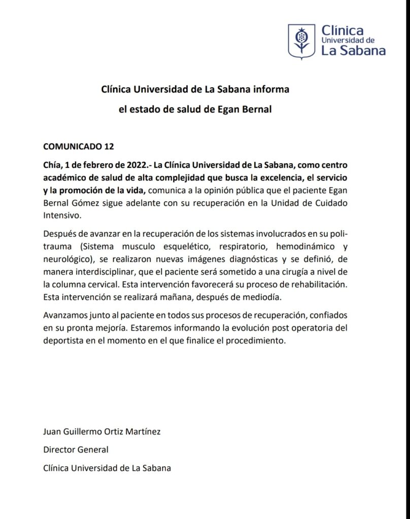 Egan Bernal será sometido a una cirugía de columna según el comunicado 12 de La Clínica de La Sabana